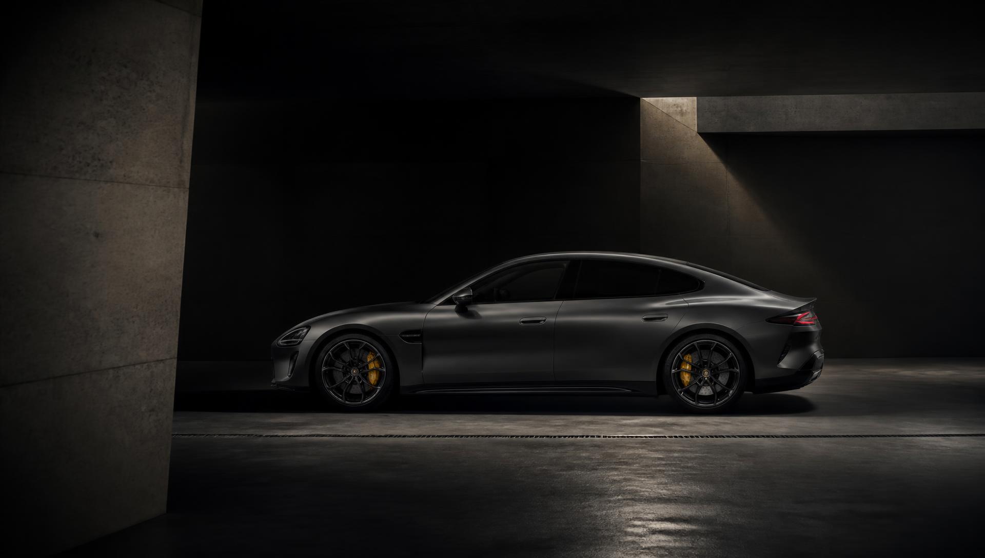 A luxury vehicle in a dark, cinematic showroom